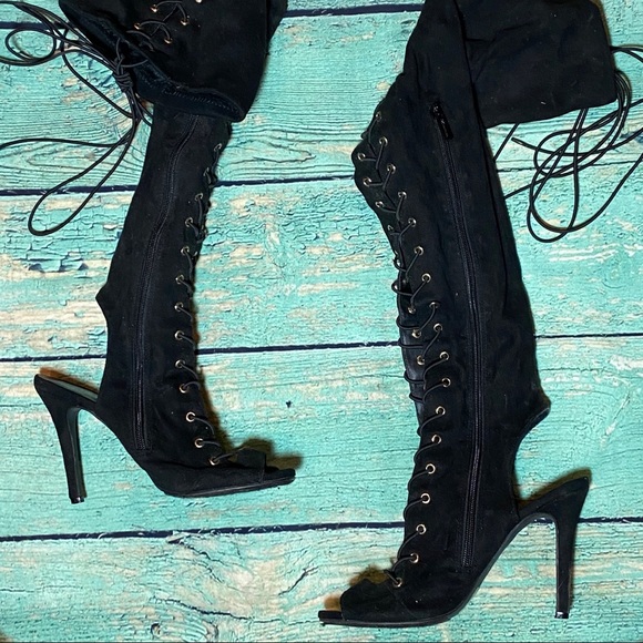 Breckelles Shoes - Lace-up stiletto open toe thigh high black boots